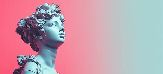 Poster Marble statue of the head of Aphrodite in a pensive pose on a pastel gradient background © Татьяна Креминская