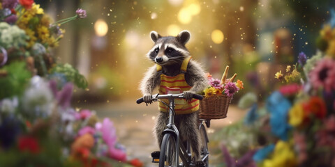 Cheerful Raccoon Cycling Through a Blossoming Landscape with Flower-Filled Bicycle Basket - AI generated