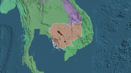 Shape of Cambodia. Outlined. Administrative.