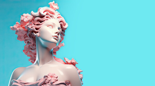 Gypsum statue of the head of Aphrodite in a pensive pose on a pastel gradient background
