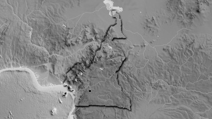 Shape of Cameroun. Bevelled. Grayscale. © zelwanka