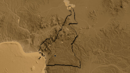 Shape of Cameroun. Bevelled. Sepia elevation. © zelwanka