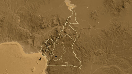 Shape of Cameroun with regional borders. Sepia elevation. © zelwanka