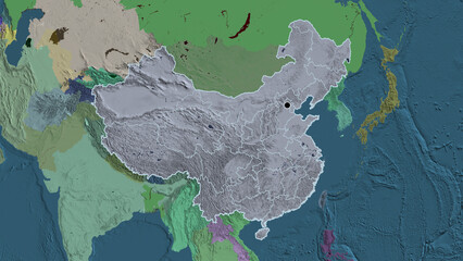 Shape of China with regional borders. Administrative.