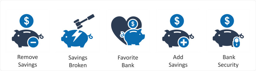 A set of 5 business icons as remove savings, savings broken, favorite bank