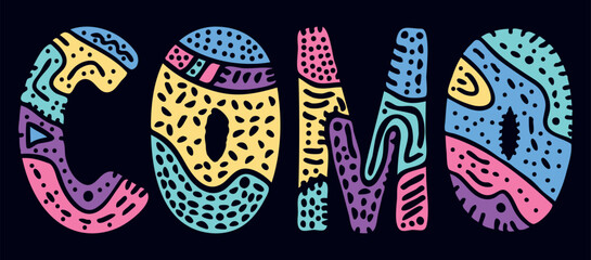 COMO. Multicolored bright isolate curves doodle letters with ornament. Place in Italy COMO for social network, Italian travel resources, mobile apps.