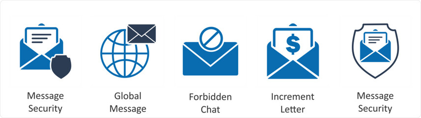 A set of 5 business icons as message security, global message, forbidden chat