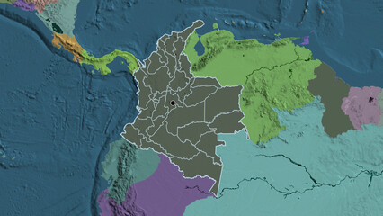 Shape of Colombia with regional borders. Administrative.