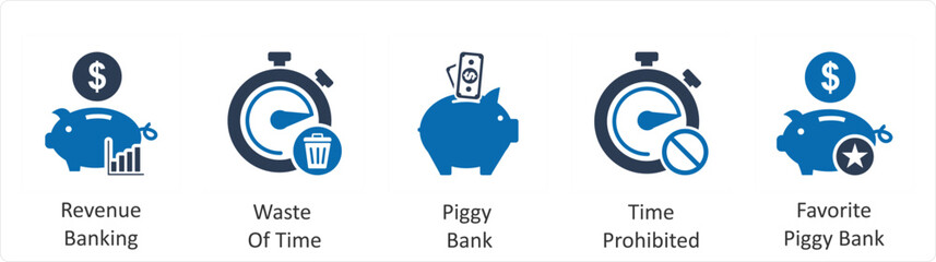 A set of 5 business icons as revenue banking, waste of time, piggy bank