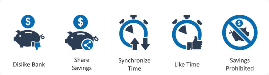 A set of 5 business icons as dislike bank, share savings, synchronize time