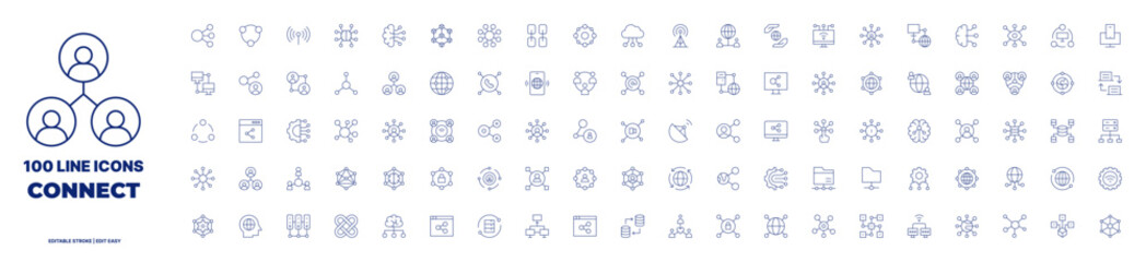 100 icons Connect collection. Thin line icon. Editable stroke. Containing abstract, share, antenna, artificial intelligence, blockchain, social network, chain, circles, cloud connection.