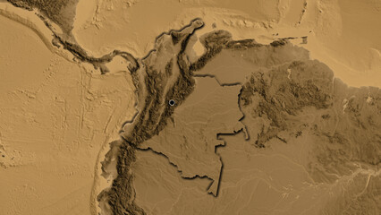 Shape of Colombia. Bevelled. Sepia elevation.