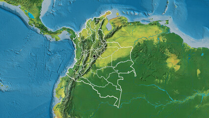 Fototapeta na wymiar Shape of Colombia with regional borders. Topographic.