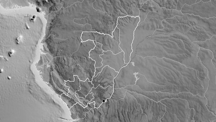 Shape of Republic of the Congo with regional borders. Grayscale.