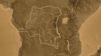 Shape of Democratic Republic of the Congo with regional borders. Sepia elevation.