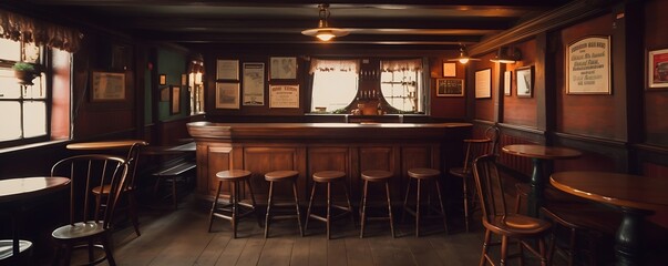 Tables of a pub style old bar, before oprating hours. Traditional or British style bar or pub interior. with wooden paneling. Retro vintage atmosphere. Generative AI