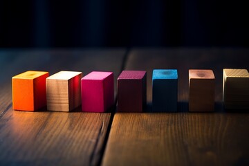 Colored wooden blocks aligned on old vintage wooden table, with light coming through and dark shadows. For something with concept of variations or diversity. Shallow depth, Generative AI