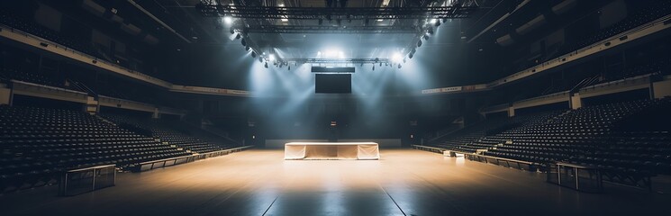 Live stage production in a sports arena or gymnasium style setting. Empty sporting event arena, or gym. Generative AI