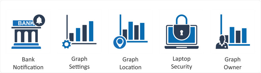 A set of 5 business icons as bank notification, graph settings, graph location
