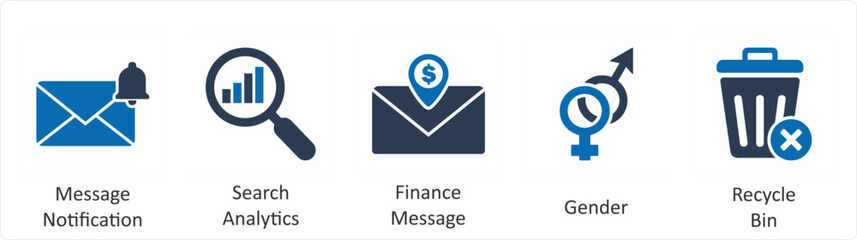 A set of 5 business icons as message notification, search analytics, finance message