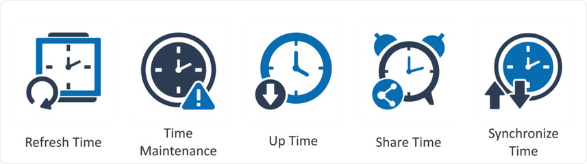 A set of 5 business icons as refresh time, time maintenace, up time