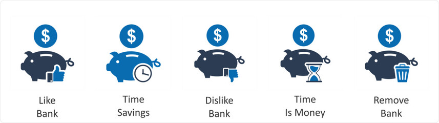 A set of 5 business icons as like bank, time savings, dislike bank