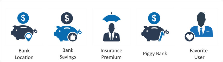 A set of 5 business icons as bank location, bank savings, insurance premium