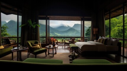 Fototapeta premium The design of hotels and resorts, the rooms are luxurious and classy, well arranged with sofas. Adjacent to nature, green fields surrounded by mountains