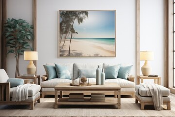 Fototapeta na wymiar Coastal Inspired Living Room, Generative AI