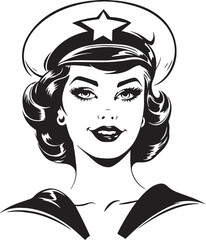 Retro sailor woman 60s style young woman. Retro comics woman head, People in retro style, black and white ink drawing, American cartoon advertising illustration, vector, SVG