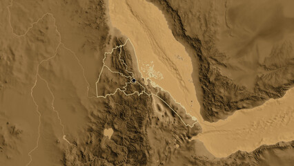 Shape of Eritrea with regional borders. Sepia elevation.