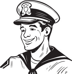 Retro sailor 60s style young man. Retro comics  sailor head, People in retro style, black and white ink drawing, American cartoon advertising illustration, vector, SVG