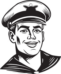 Retro sailor 60s style young man. Retro comics  sailor head, People in retro style, black and white ink drawing, American cartoon advertising illustration, vector, SVG