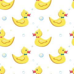 Vector seamless pattern with cartoon yellow rubber duck. Baby pattern. 
Diaper.