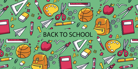 vector seamless pattern, back to school supplies elements