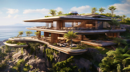 Fototapeta premium Luxury contemporaty villa on a mountain hill with a view on ocean. Generative AI