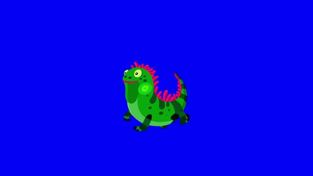 Iguana lizard cartoon animal animation character bluebox. Blinking eyes, seamless loop walking.