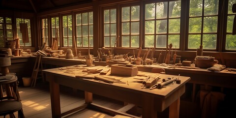 Woodworking and craft room. A rustic room by the window. Crafts and wood workers room. Generative AI, Generative AI - obrazy, fototapety, plakaty