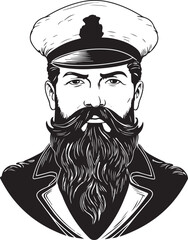 Retro old sailor with beard 60s style old man. Retro comics sailor head, People in retro style, black and white ink drawing, American cartoon advertising illustration, vector, SVG