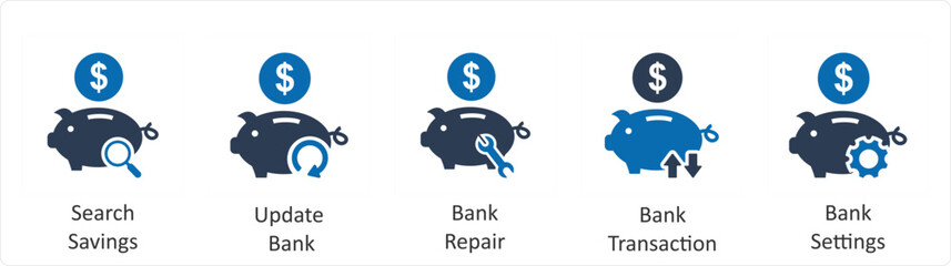 A set of 5 business icons as search savings, update bank, bank repair