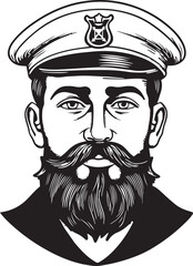 Retro old sailor with beard 60s style old man. Retro comics sailor head, People in retro style, black and white ink drawing, American cartoon advertising illustration, vector, SVG