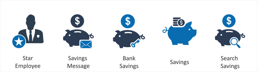 A set of 5 business icons as star employee, savings message, bank savings