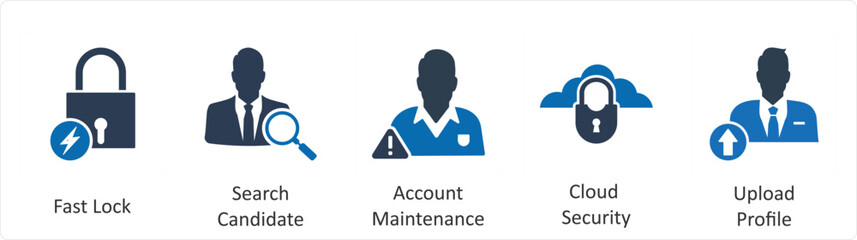A set of 5 business icons as fast lock, search candidate, account maintenance