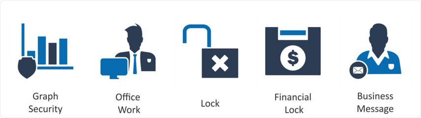 A set of 5 business icons as graph security, office work, lock