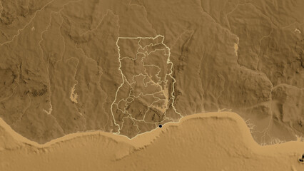 Shape of Ghana with regional borders. Sepia elevation. © zelwanka