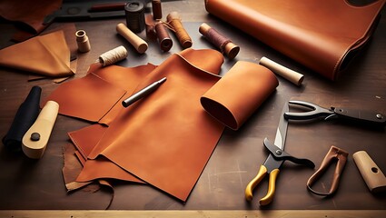 Leather craft or leather working. Selected pieces of beautifully colored or tanned leather on leather craftman's work desk . Piece of hide and working, Generative AI
