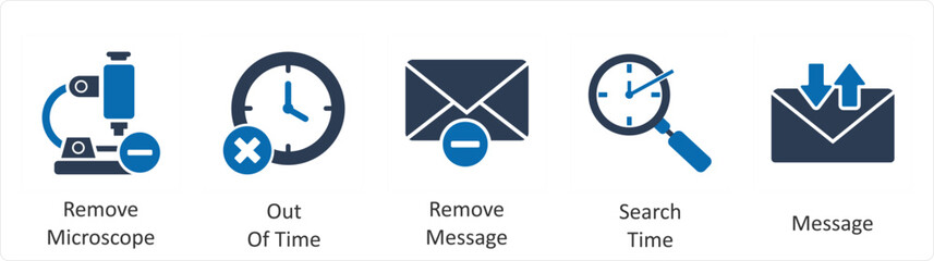 A set of 5 business icons as remove microscope, out of time, remove message