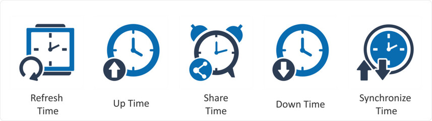 A set of 5 business icons as refresh time, up time, share time