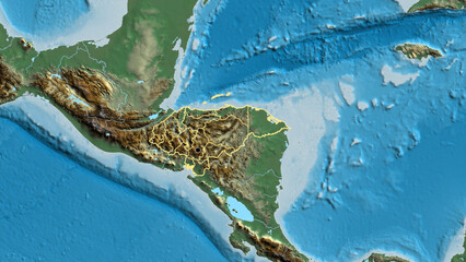 Shape of Honduras with regional borders. Relief.