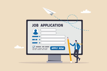 Online job application, career or employment submission form, candidate recruitment, job search or resume and CV document upload concept, businessman hold pencil fill in computer job application form.